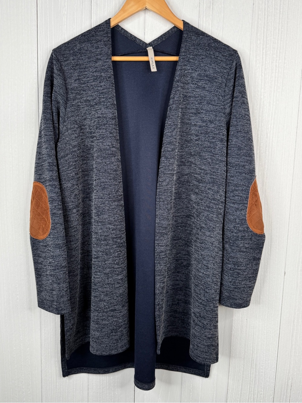 Gilli Navy Open-Front Cardigan with Brown Elbow Patches | Made in USA
